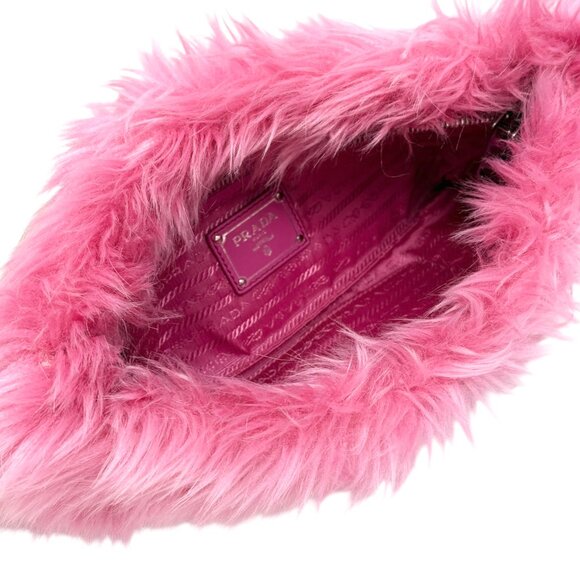 PRADA Vintage Logo Faux Fur Clutch Bag Pelliccia Zip Pink Silver [106049] - Picture 10 of 11